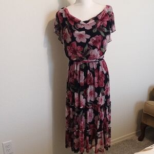 Kate And Lily Floral Midi Dress Flutter Sleeves Tie Waist Size 10